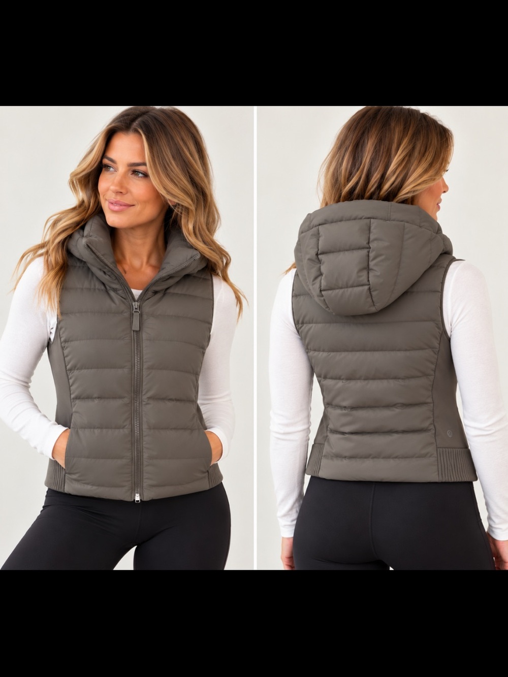Lululemon Down & Around Hooded Goose Down Puffer Vest Gray Taupe Size 12